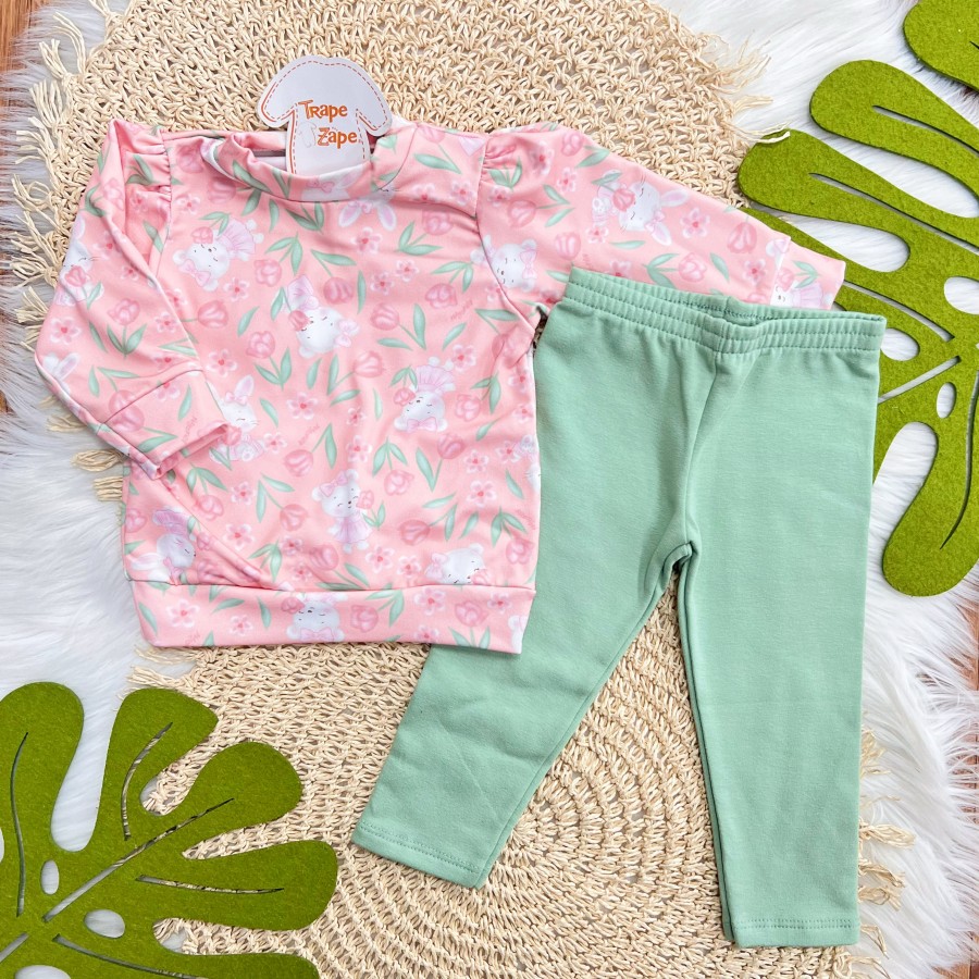 Conj. Blusa Ursinha com Plantinhas em Malha Térmica e Calça Legging - Rose e Verde